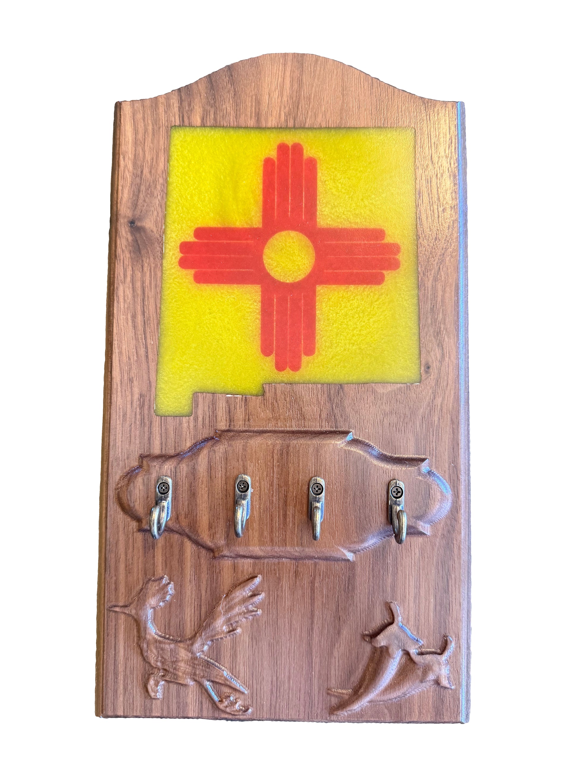 Walnut Key rack featuring New Mexico State, Zia, chili and roadrunner
