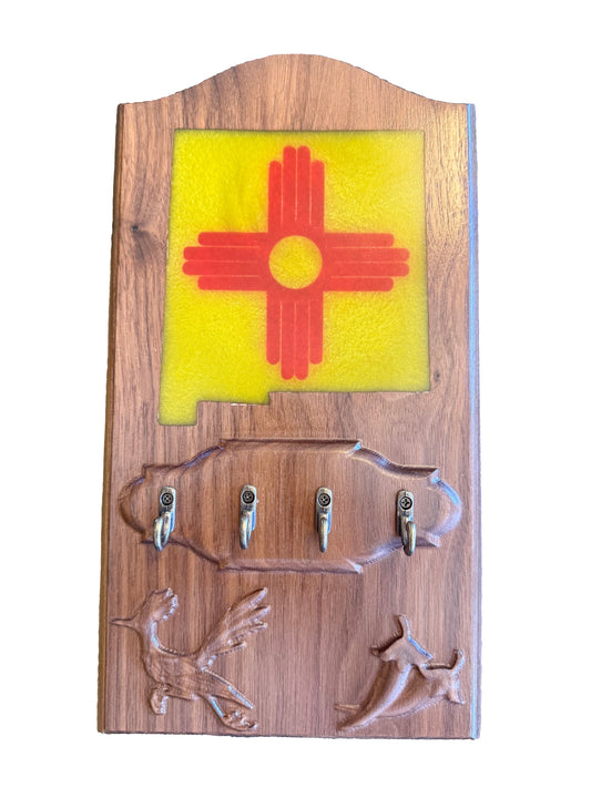 Walnut Key rack featuring New Mexico State, Zia, chili and roadrunner