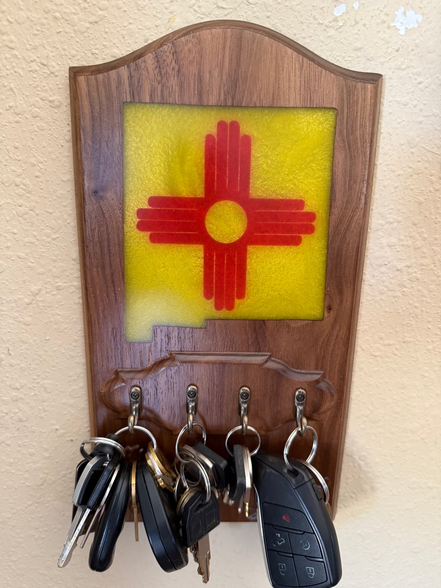 New Mexico Key Rack - Walnut Wood with Zia Symbol