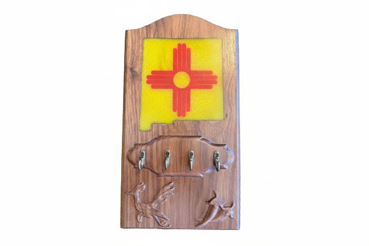 Walnut Key rack featuring New Mexico State, Zia, chili and roadrunner