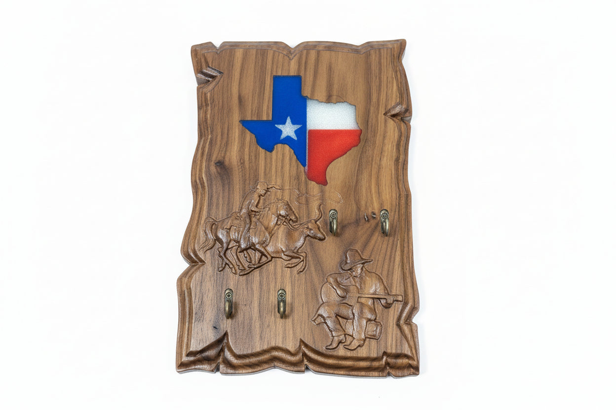 Wooden wall key hook with Texas flag and cowboy designs on a wooden background