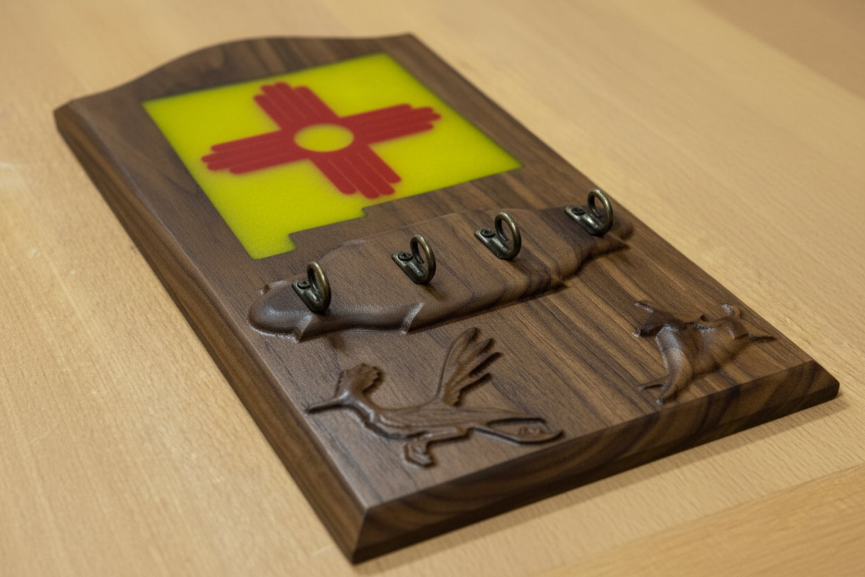 Decorative wall key hook with New Mexico state symbol on a wooden background
